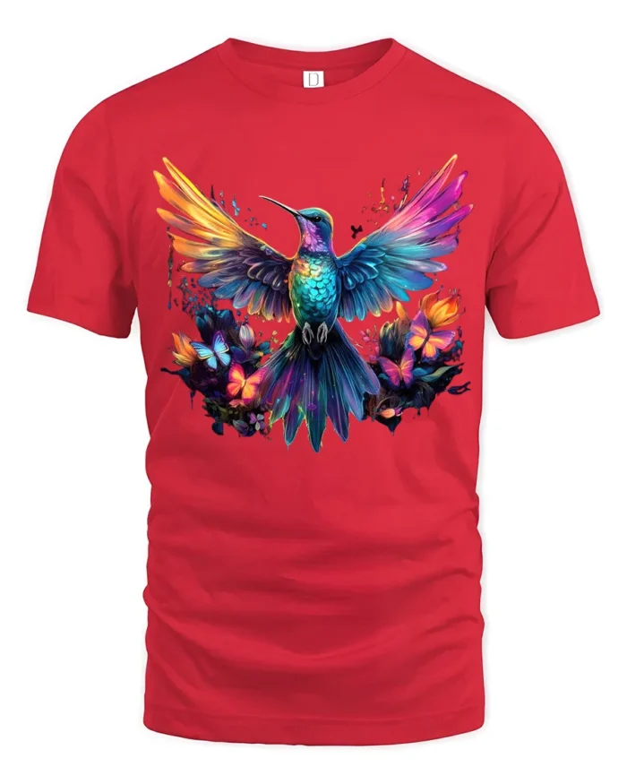 Vibrant Nature’s Flight Tee Rainbow Hummingbird with Flowers and Butterflies T-Shirt - red t-shirt on white background