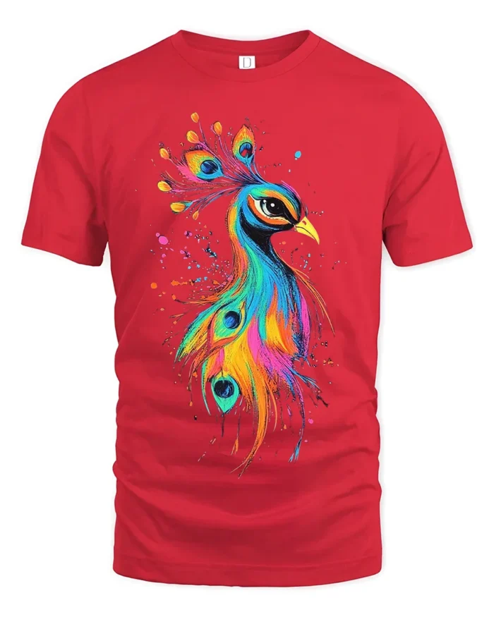 Vibrant Bird Tee Watercolor Rainbow Peacock Graphic T-Shirt for Peacock Fans - red t-shirt on white background