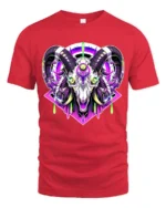 Cyber Ram Skull T-Shirt Neon Goat Head Graphic Tee for Alternative Fashion - red t-shirt on white background