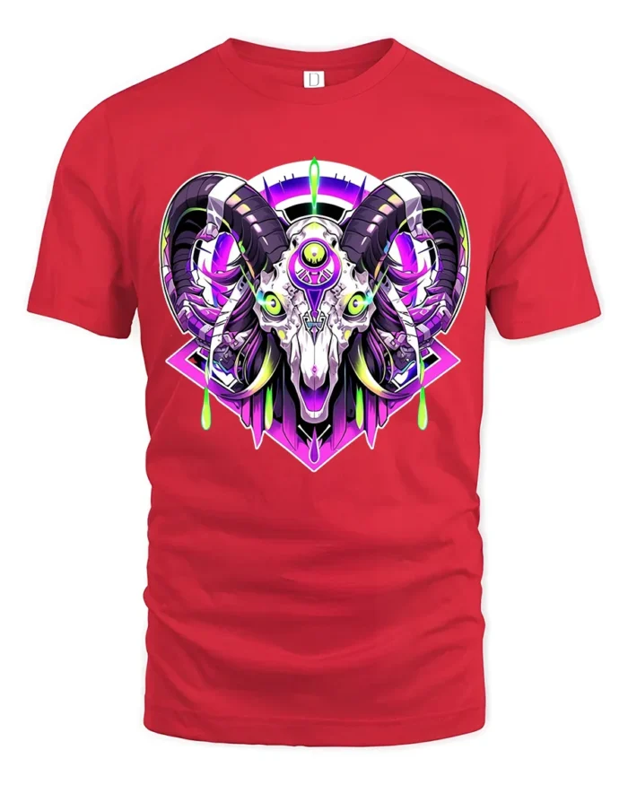 Cyber Ram Skull T-Shirt Neon Goat Head Graphic Tee for Alternative Fashion - red t-shirt on white background