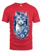 Azure Floral Cat Tee Elegant Blue Kitten with Flowers T-Shirt for Cat People - red t-shirt on white background