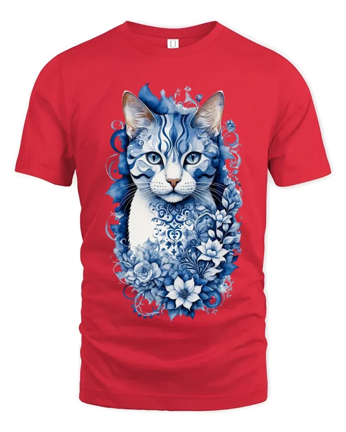 Azure Floral Cat Tee Elegant Blue Kitten with Flowers T-Shirt for Cat People - red t-shirt on white background