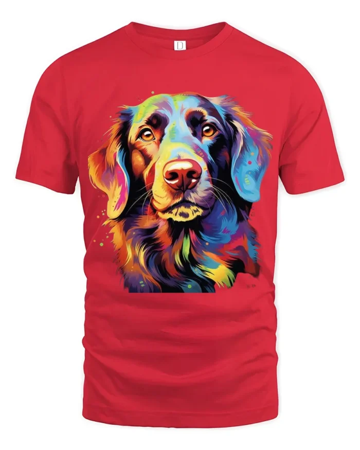 Vibrant Canine Tee Abstract Rainbow Dog Portrait T-Shirt for Pet Fans - red t-shirt on white background