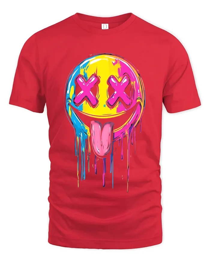 Melting Smiley Face Tee Colorful Dripping Emoji T-Shirt for Fun Style - red t-shirt on white background