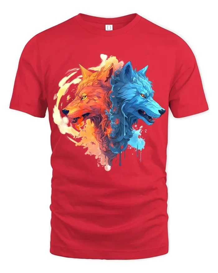 Fire and Ice Wolves T-Shirt Dual Wolf Spirit Graphic Tee for Bold Style - red t-shirt on white background