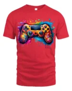 Splash Gamer Tee Vibrant Colorful Controller T-Shirt for Video Game Fans - red t-shirt on white background