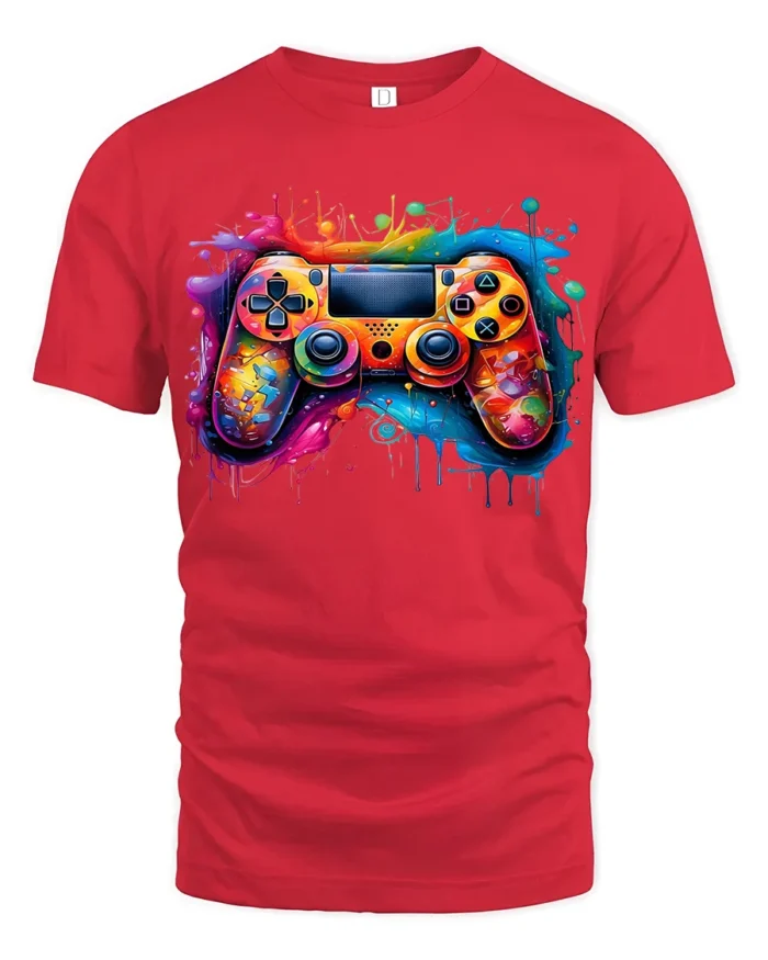 Splash Gamer Tee Vibrant Colorful Controller T-Shirt for Video Game Fans - red t-shirt on white background