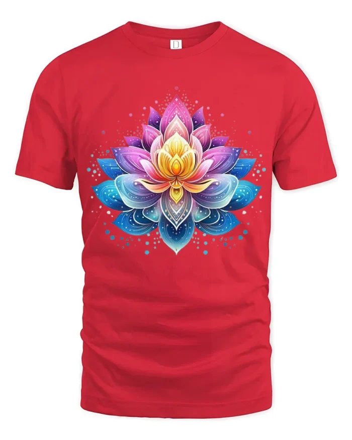 Gradient Lotus Tee Vibrant Ombre Flower T-Shirt for Yoga Zen Meditation - red t-shirt on white background