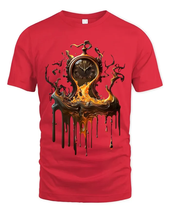 Melting Time T-Shirt Surreal Pocket Watch Graphic Tee for Art Lovers - red t-shirt on white background