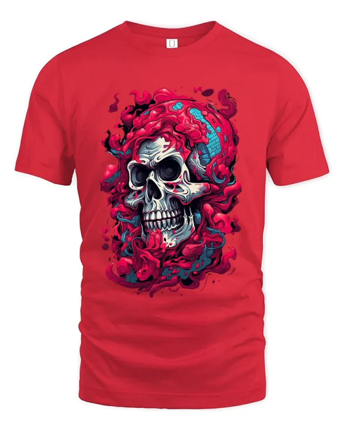 Dripping Skull Tee Abstract Colorful Skull T-Shirt for Edgy Style - red t-shirt on white background
