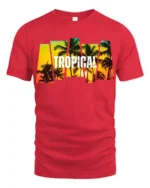 Tropical Sunset Palm Tree T-Shirt Island Vacation Beach Tee for Summer Vibes - red t-shirt on white background