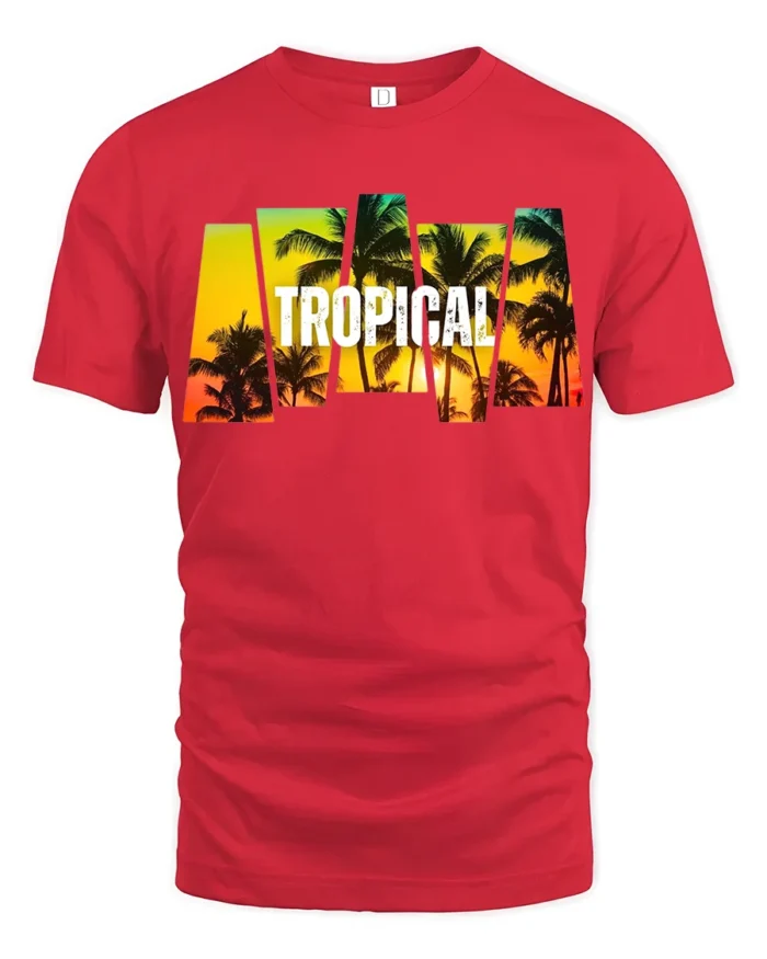 Tropical Sunset Palm Tree T-Shirt Island Vacation Beach Tee for Summer Vibes - red t-shirt on white background