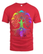 Psychedelic Shroom Chakra Tree Yoga Zen T-Shirt Colorful Fungi Forest Tee for US Explorers - red t-shirt on white background