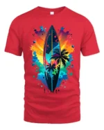 Colorful Surf Vibes T-Shirt Palm Tree and Sunset Graphic Tee for Summer Days - red t-shirt on white background