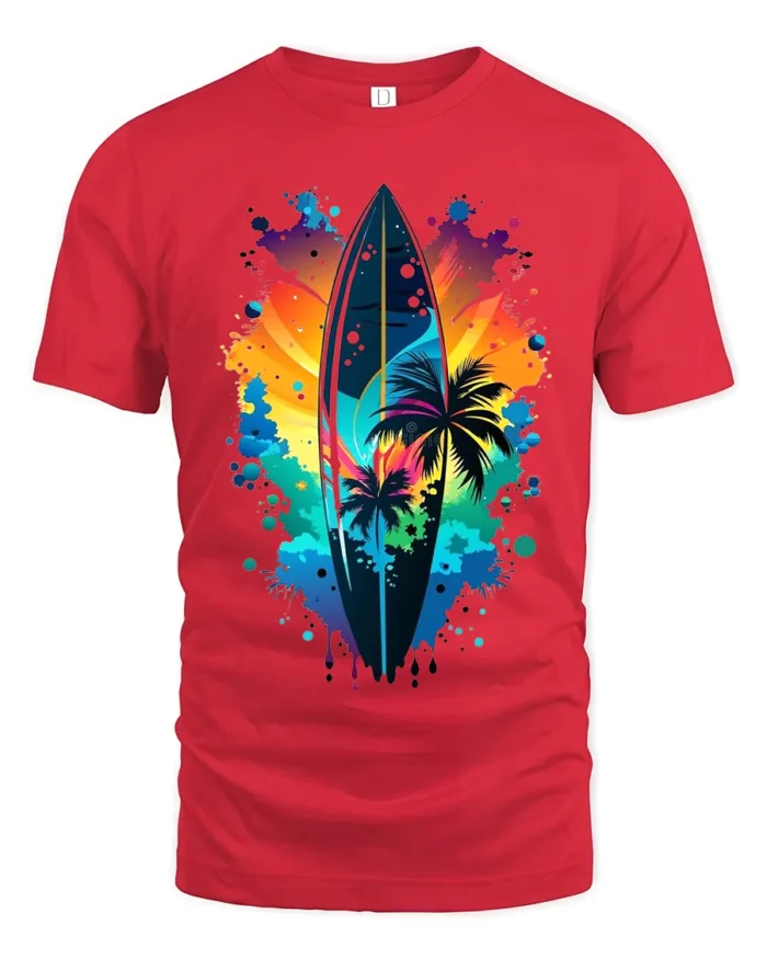 Colorful Surf Vibes T-Shirt Palm Tree and Sunset Graphic Tee for Summer Days - red t-shirt on white background