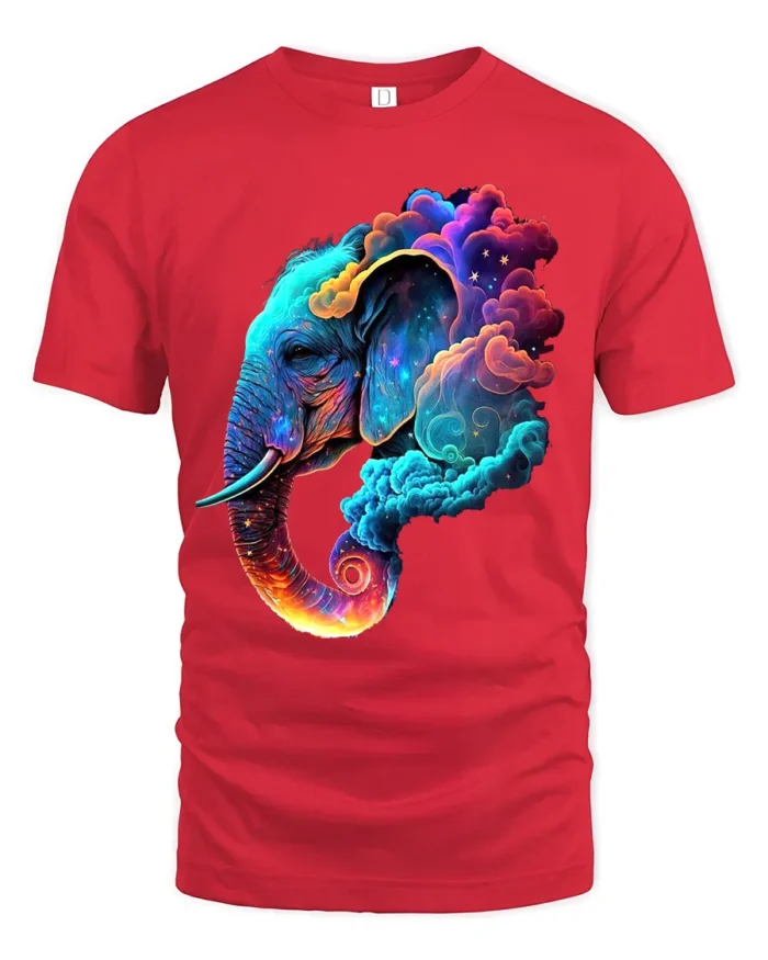 Cosmic Elephant T-Shirt Vibrant Animal Graphic Tee with Dreamy Galaxy Clouds - red t-shirt on white background