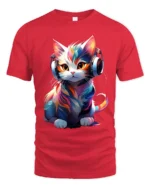T-Shirt Music Cat Graphic Bright Artistic DJ Kitty Tee for Trendy Pet Fans - red t-shirt on white background
