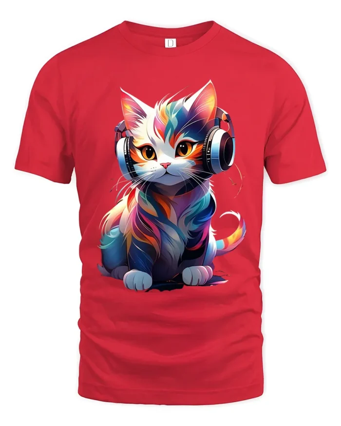 T-Shirt Music Cat Graphic Bright Artistic DJ Kitty Tee for Trendy Pet Fans - red t-shirt on white background