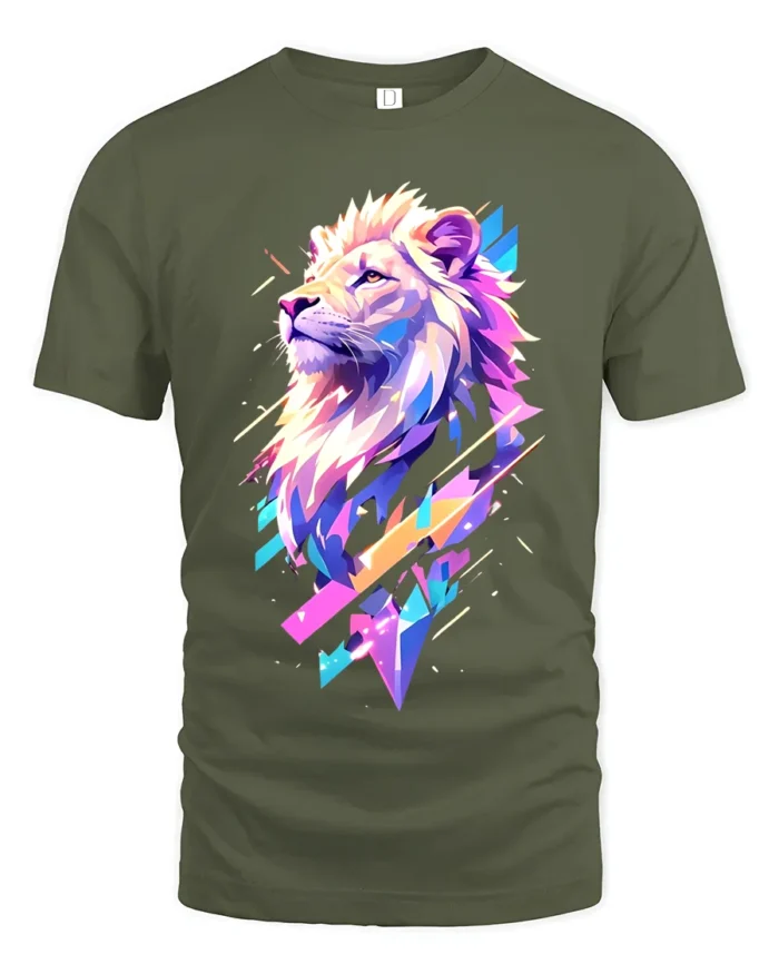 Majestic Neon Lion Graphic Bold Vibrant T-Shirt - military green t-shirt on white background