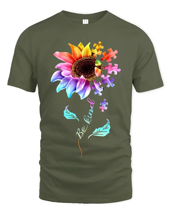 Be Kind Puzzle Sunflower T-Shirt Autism Awareness Graphic Tee for Kindness - military green t-shirt on white background
