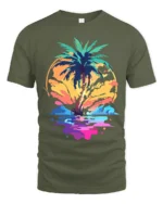 Vibrant Palm Sunset T-Shirt Abstract Tropical Beach Graphic Tee for Summer Vibes - military green t-shirt on white background
