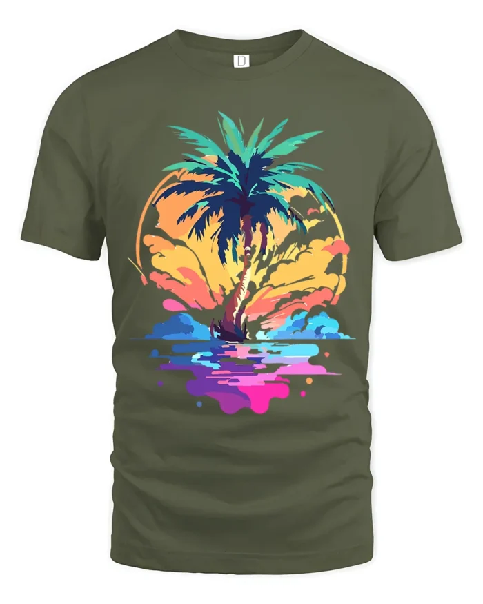 Vibrant Palm Sunset T-Shirt Abstract Tropical Beach Graphic Tee for Summer Vibes - military green t-shirt on white background