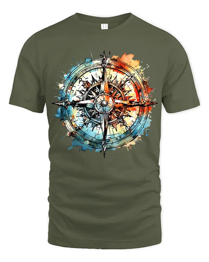Watercolor Compass T-Shirt Artistic Nautical Travel Tee for Adventure Seekers - military green t-shirt on white background