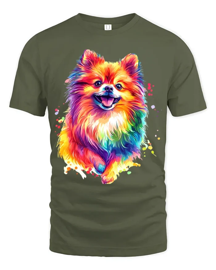 Colorful Pom Abstract Watercolor Pomeranian T-Shirt for Dog Fans - military green t-shirt on white background