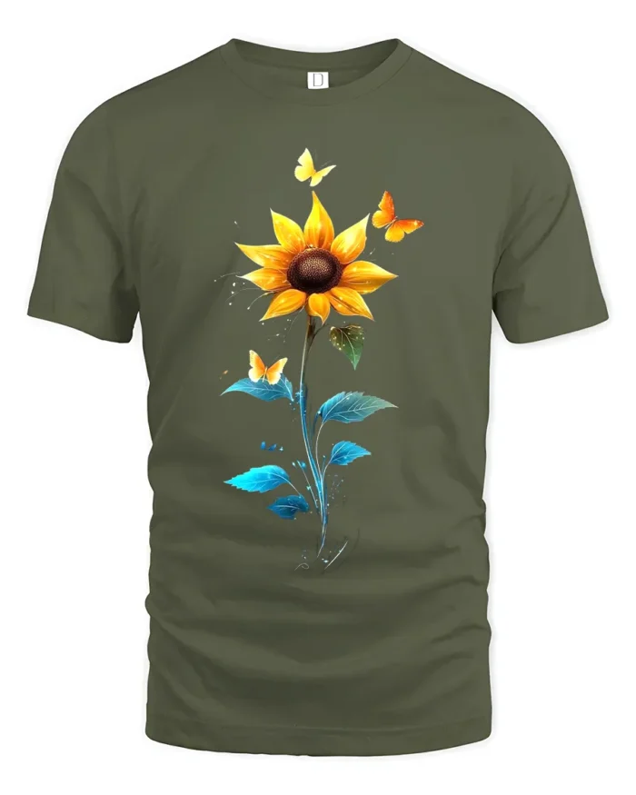 Sunflower Butterfly Tee Vibrant Floral Insect T-Shirt for Nature Lovers - military green t-shirt on white background