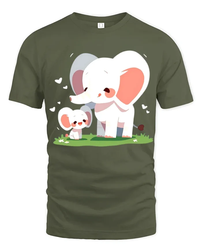 Cute Elephant Family T-Shirt Mommy and Baby Elephant Love Graphic Tee for US - military green t-shirt on white background