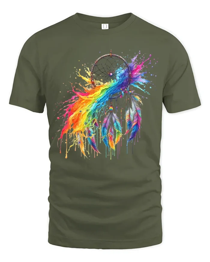 Watercolor Dreamcatcher T-Shirt Rainbow Feather Spirit Graphic Tee for Dreamers - military green t-shirt on white background
