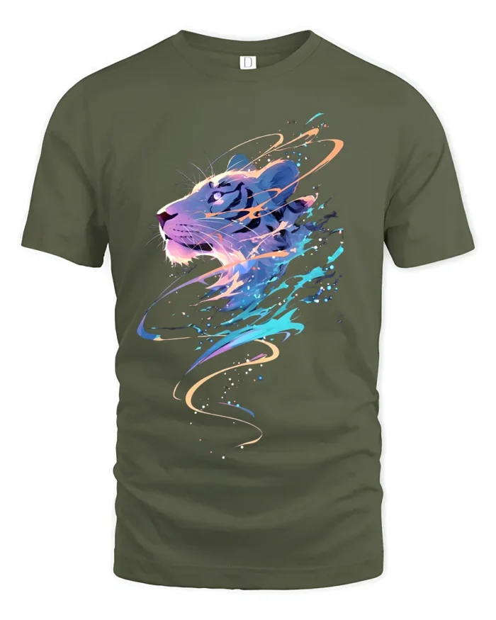 Colorful Tiger Graphic T-Shirt  Abstract Big Cat Art Tee for Bold Individuals - military green t-shirt on white background