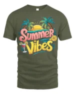 Cool Summer Vibes T-Shirt Retro Beach Sunset Tee with Palm Trees Drink - military green t-shirt on white background