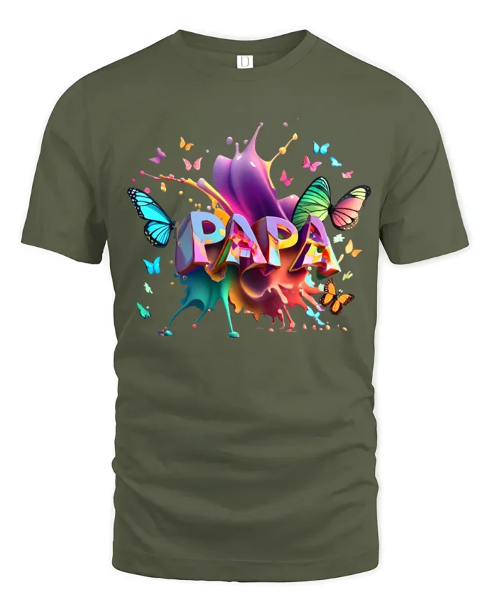Colorful Papa Butterfly Tee Vibrant Father’s Day T-Shirt with Butterfly Art - military green t-shirt on white background