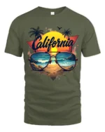 California Beach Vibes Tee Retro Sunset Sunglasses T-Shirt for West Coast Fans - military green t-shirt on white background