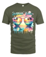 Summer Vibes Sunglasses Tee Tropical Beach T-Shirt for Sunshine Lovers - military green t-shirt on white background