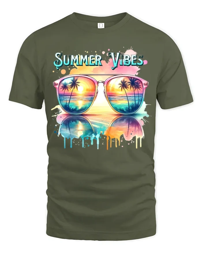 Summer Vibes Sunglasses Tee Tropical Beach T-Shirt for Sunshine Lovers - military green t-shirt on white background