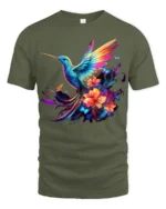 Rainbow Hummingbird Tee Vibrant Floral Butterfly T-Shirt for Nature Lovers - military green t-shirt on white background