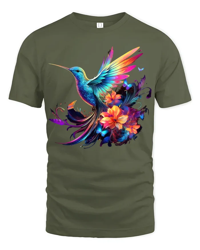 Rainbow Hummingbird Tee Vibrant Floral Butterfly T-Shirt for Nature Lovers - military green t-shirt on white background