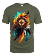 Nautical Feather T-Shirt Artistic Compass Graphic Tee for Explorers and Dreamers - military green t-shirt on white background