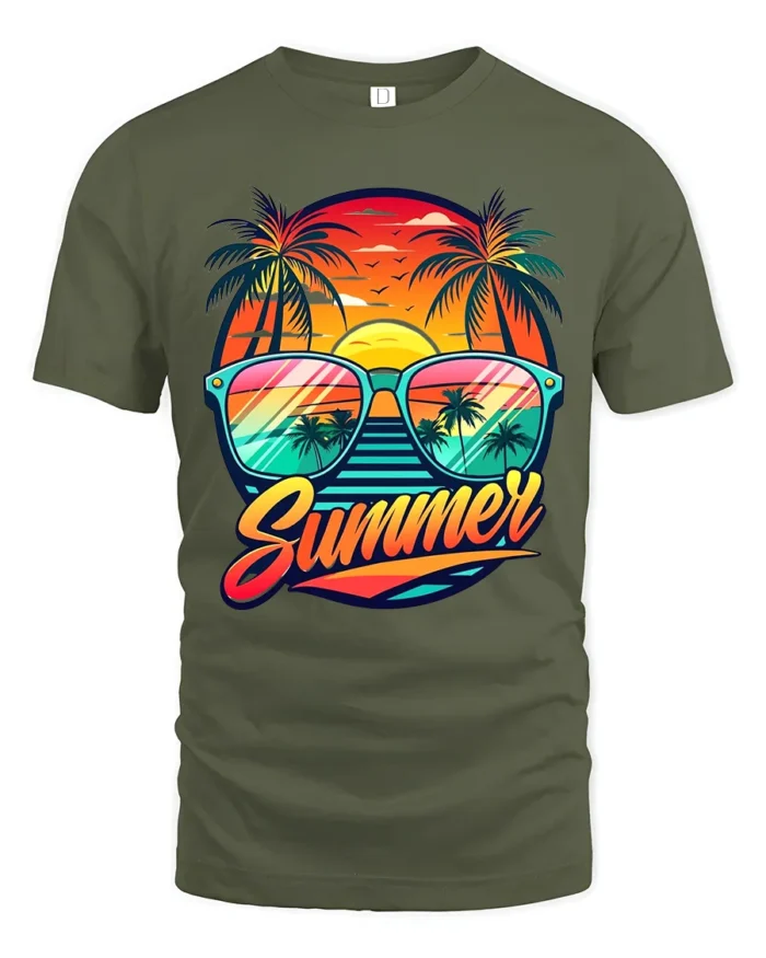 Retro Summer Vibes Tee Sunset Beach Sunglasses T-Shirt for Vacation Lovers - military green t-shirt on white background