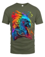 Colorful Parrot Explosion T-Shirt Vibrant Tropical Bird Tee for Summer Fun - military green t-shirt on white background