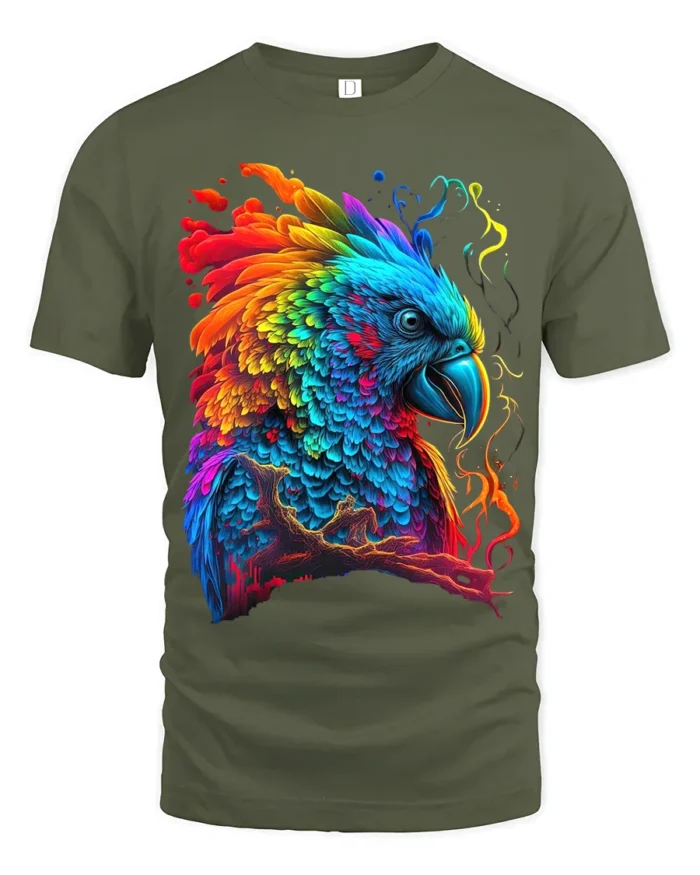 Colorful Parrot Explosion T-Shirt Vibrant Tropical Bird Tee for Summer Fun - military green t-shirt on white background