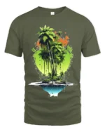 Tropical Island Reflection Tee Abstract Palm Tree Beach T-Shirt for Vacation - military green t-shirt on white background