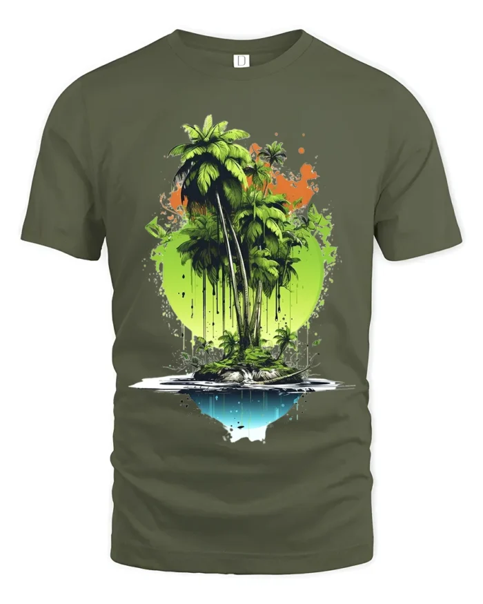 Tropical Island Reflection Tee Abstract Palm Tree Beach T-Shirt for Vacation - military green t-shirt on white background