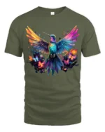 Vibrant Nature’s Flight Tee Rainbow Hummingbird with Flowers and Butterflies T-Shirt - military green t-shirt on white background