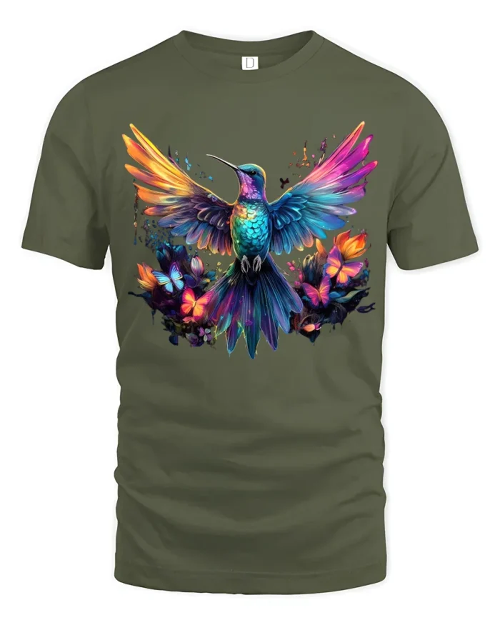 Vibrant Nature’s Flight Tee Rainbow Hummingbird with Flowers and Butterflies T-Shirt - military green t-shirt on white background