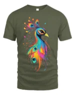 Vibrant Bird Tee Watercolor Rainbow Peacock Graphic T-Shirt for Peacock Fans - military green t-shirt on white background