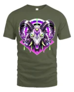 Cyber Ram Skull T-Shirt Neon Goat Head Graphic Tee for Alternative Fashion - military green t-shirt on white background