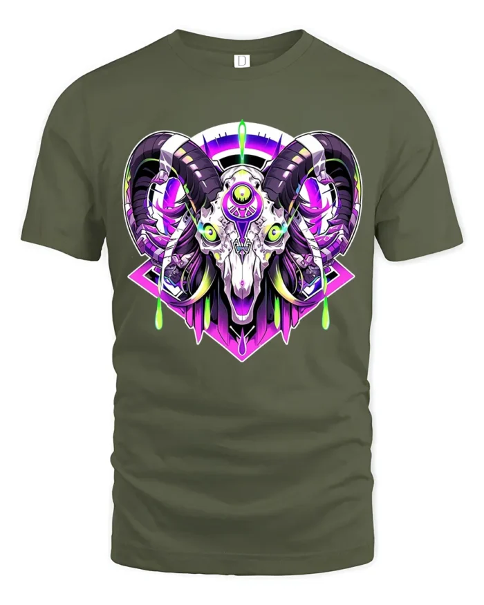 Cyber Ram Skull T-Shirt Neon Goat Head Graphic Tee for Alternative Fashion - military green t-shirt on white background